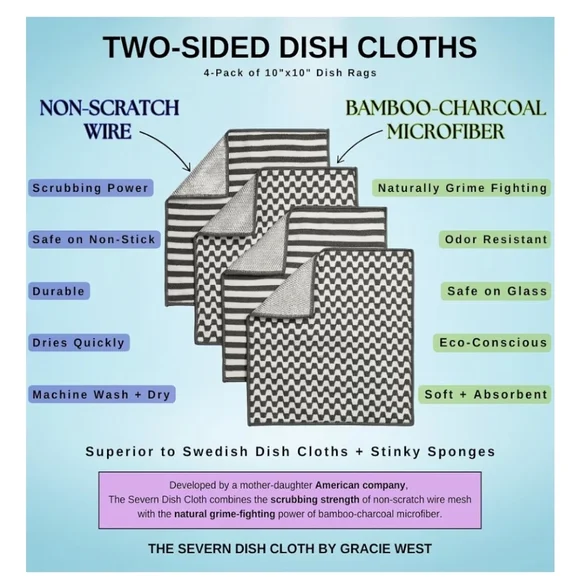 Severn Dish Cloths for Washing Dishes 4pk. Odor-Resistant Non-Scratch Wire - Picture 4 of 10